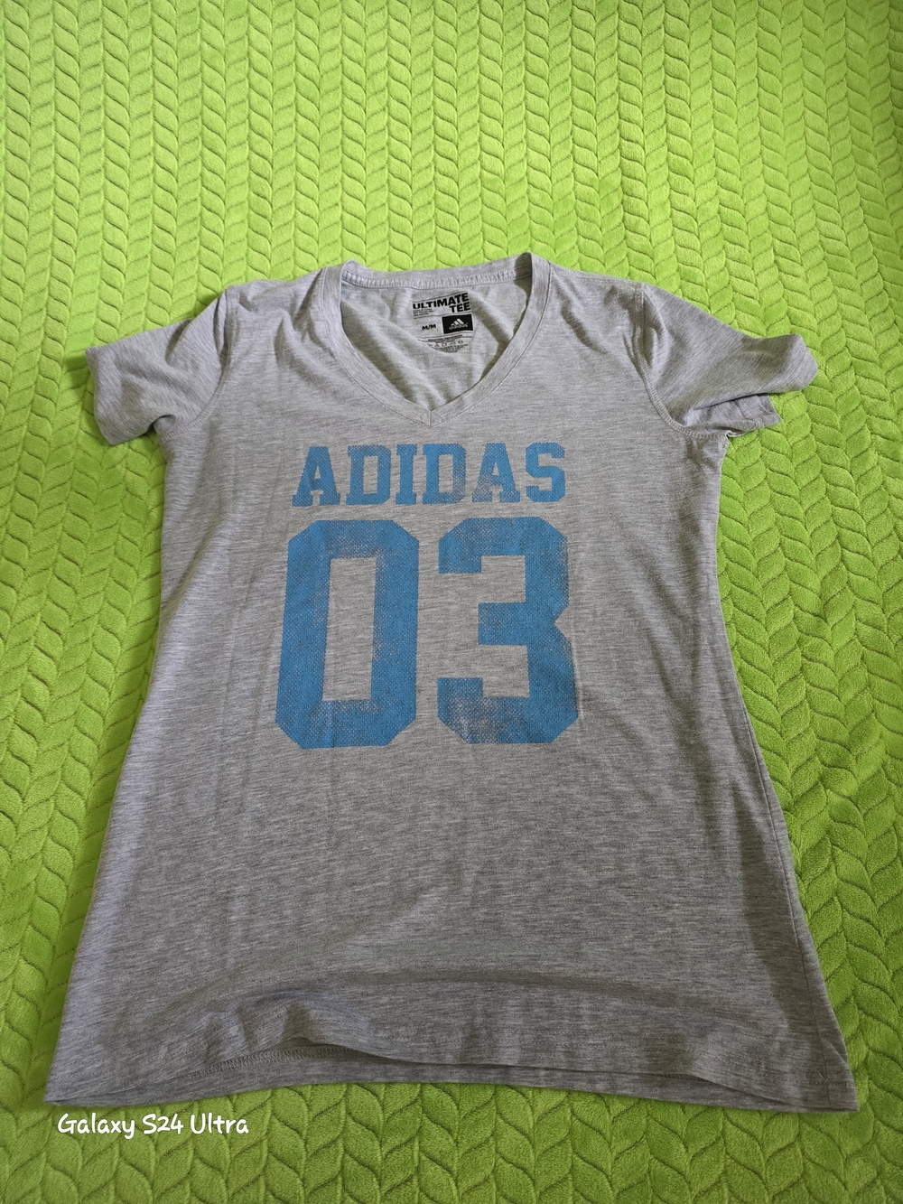 Adidas Ladies Gray V‑Neck Tee with Blue Logo